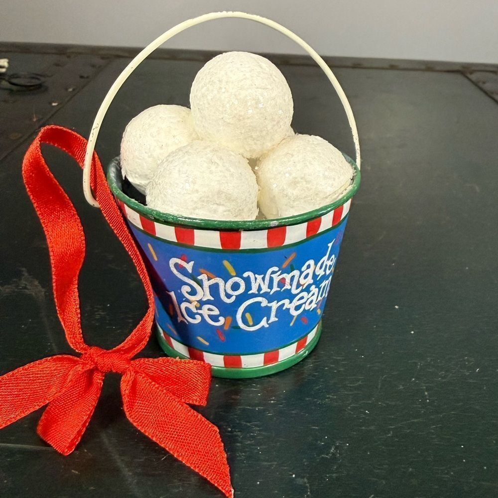 Vintage Snow made Ice Cream Bucket Of Snowballs  Snowball fight Ornament